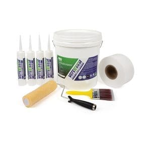 VersEseal Large Box Gutter Repair Kit contents including Rapid Build, geofabric, brushes, and rubber caulk – covers up to 15 sqm.