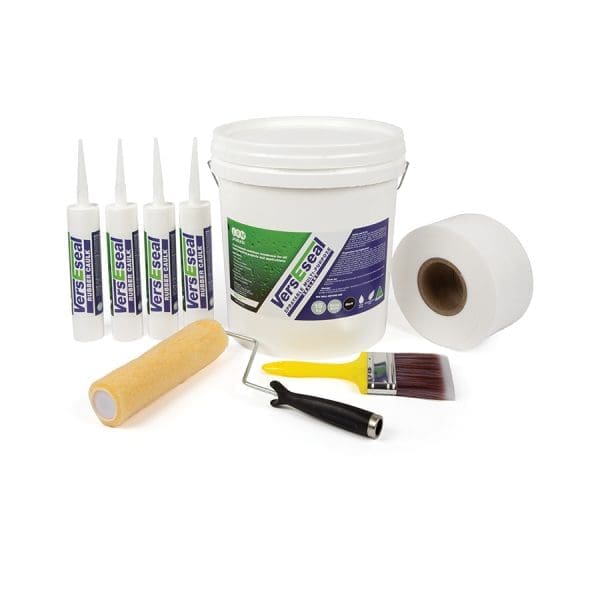 VersEseal Large Box Gutter Repair Kit contents including Rapid Build, geofabric, brushes, and rubber caulk – covers up to 15 sqm.